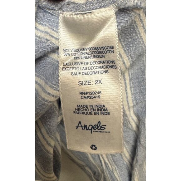 Angels New York Womens 2X Blue & White Striped Boho Blouse Pom Pom Tassel Ties - Picture 9 of 9